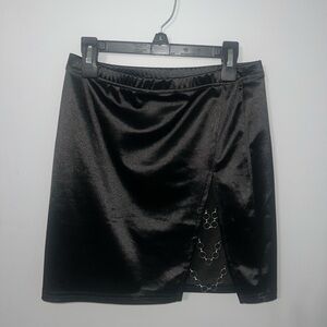 Black Satin Mini Skirt with Chain Detail